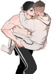  2boys abs alternate_hairstyle black_eyes black_hair brown_hair carrying carrying_person couple cowboy_shot earrings fukatsu_kazunari full_body highres hood hoodie jewelry looking_at_another male_focus miyagi_ryouta multiple_boys muscular muscular_male pants penguin_sd simple_background size_difference slam_dunk_(series) smile socks stud_earrings topless_male track_pants undercut white_background white_hoodie white_socks yaoi 