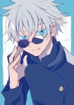  1boy :p auko black_jacket blue_background blue_eyes border colored_eyelashes commentary_request gojou_satoru grey_hair highres jacket jujutsu_kaisen long_sleeves looking_at_viewer male_focus short_hair signature simple_background solo sunglasses tongue tongue_out upper_body white_background 