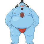 2024 asian_clothing belly big_belly blue_body clothing east_asian_clothing eyes_closed fish-men_(one_piece) fundoshi hi_res japanese_clothing jinbe kemono male marine moobs nipples one_piece open_mouth overweight overweight_male panthera7uncia red_clothing red_fundoshi red_underwear simple_background smile solo underwear white_background