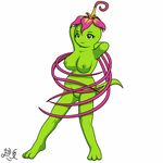  devilishimmorality digimon female flora_fauna green green_body green_eyes green_nipples nipples palmon plain_background plant plantigrade pussy simple_background solo tail white_background 