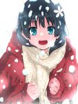  1girl absurdres black_hair blue_eyes clenched_hands down_jacket flower hair_flower hair_ornament highres jacket long_hair looking_at_viewer musaki_(msaki666) open_mouth red_jacket saten_ruiko scarf snow snow_on_head snowing solo toaru_kagaku_no_railgun toaru_majutsu_no_index white_scarf 