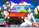  2girls 80s balloon baseball_cap blue_eyes blue_hair breasts car city_connection cleavage game hat jaleco long_hair motor_vehicle multiple_girls nes oldschool palms race_suit racing_suit rocket_(city_connection) shorts smile thumbs_up thums_up vehicle wink 
