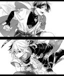  2boys armor bandaged_hand bandages fingerless_gloves genshin_impact gloves greyscale hair_between_eyes holding holding_sword holding_weapon japanese_armor japanese_clothes kaedehara_kazuha komejirushi_com kote leaf_print male_focus mandarin_collar monochrome multicolored_hair multiple_boys open_mouth ponytail scaramouche_(genshin_impact) sheath simple_background streaked_hair sword tassel unsheathing wanderer_(genshin_impact) weapon 