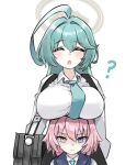  2girls ? ahoge aqua_hair aqua_necktie bag_(chrko_bag) blue_archive blue_eyes breast_rest breasts breasts_on_head closed_eyes collared_shirt hair_intakes halo heterochromia hoshino_(blue_archive) hoshino_(young)_(blue_archive) large_breasts long_hair long_sleeves multiple_girls necktie open_mouth pink_hair shirt short_hair simple_background white_background white_shirt yellow_eyes yume_(blue_archive) 