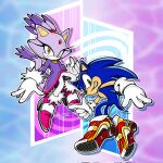  1boy 1girl blaze_the_cat blue_fur forehead_jewel fur-trimmed_footwear fur-trimmed_gloves fur_trim furry furry_female furry_male gloves green_eyes highres looking_back pants pink_footwear ponytail purple_fur red_footwear smirk sonic_(series) sonic_rush sonic_the_hedgehog stella_smega3 white_gloves white_pants yellow_eyes 