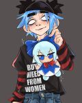  1boy bags_under_eyes black_shirt blue_hair blue_pants bow character_doll cirno commentary cowboy_shot crossover denim doll english_commentary fumo_(doll) gorillaz grey_background highres holding holding_bow_(ornament) holding_doll jeans kecchi0 layered_sleeves long_sleeves looking_at_viewer male_focus no_pupils open_mouth pants shirt short_hair short_over_long_sleeves short_sleeves simple_background smile solo stuart_pot swept_bangs touhou 