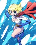  1girl animification belt blonde_hair blue_eyes blue_footwear blue_gloves boots breasts bright_pupils cape cleavage cleavage_cutout clenched_hand clothing_cutout dc_comics floating_hair gloves grin large_breasts leotard looking_at_viewer open_hand power_girl red_belt red_cape short_hair smile solo sunafuki_tabito superhero teeth v-shaped_eyebrows white_leotard 