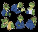 anthro black_background blue_clothing blue_jacket blue_topwear bust_portrait closed_smile clothed clothing crossed_arms eyewear gesture glasses green_body green_scales head_spikes hi_res holding_mug holding_object jacket khyaber lizard looking_at_viewer male mouth_closed mug multiple_images narrowed_eyes neck_spikes open_mouth orange_eyes portrait red_tongue reptile scales scalie shirt simple_background smile solo spikes spikes_(anatomy) sunglasses tank_top tongue tongue_out topwear waving waving_at_viewer wearing_glasses white_clothing white_shirt white_tank_top white_topwear yellow_towel