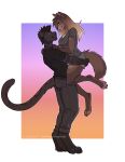 anthro breasts brown_body brown_fur canid canine canis clothed clothing digital_media_(artwork) duo felid female fur hair hi_res jaguar looking_at_another male mammal notched_ear pantherine tail wolf wyla wyla_(character)