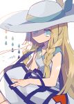  1girl auko blonde_hair blue_eyes blue_ribbon blunt_ends braid color_guide commentary_request dress from_above frown hat hat_ribbon lillie_(pokemon) long_hair looking_at_viewer looking_up pokemon pokemon_sm ribbon signature simple_background sitting solo sun_hat sundress twin_braids water_drop white_background white_dress white_headwear 