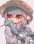  1girl blue_bow blue_hair bow brown_headwear collarbone commentary_request dot_nose food food_in_mouth hat hat_bow highres inkling_girl inkling_player_character long_hair looking_to_the_side pointy_ears popsicle popsicle_in_mouth red_eyes simple_background solo splatoon_(series) tentacle_hair upper_body white_background yksb_inc6 