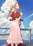  1girl aerith_gainsborough beach blue_sky bow bracelet braid braided_ponytail brown_hair cloud cropped_jacket dress fadingz final_fantasy final_fantasy_vii final_fantasy_vii_rebirth final_fantasy_vii_remake green_eyes hair_bow highres jacket jewelry looking_at_viewer looking_back pink_bow pink_dress railing red_jacket segway sky smile solo 