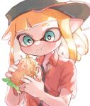  +_+ 1girl black_headwear blonde_hair blue_eyes burger chewing closed_mouth commentary_request food highres holding holding_food inkling_girl inkling_player_character long_hair pointy_ears red_shirt shirt sideways_hat simple_background solo splatoon_(series) tentacle_hair thick_eyebrows upper_body white_background yksb_inc6 