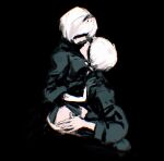  1boy 1girl 2b_(nier:automata) 9s_(nier:automata) black_background black_dress black_hairband black_jacket blindfold couple dress face-to-face from_side hairband hetero highres jacket ji_yuyun nier:automata nier_(series) open_mouth short_hair simple_background sketch white_hair 