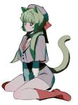  +_+ 1girl animal_ears between_legs black_eyes boots bow capelet cat_ears cat_girl cat_tail closed_mouth collared_shirt green_hair grey_capelet grey_headwear grey_shorts hair_over_shoulder hand_between_legs highres korean_commentary long_hair long_sleeves looking_at_viewer necktie original red_bow red_footwear red_necktie sasi_mozzi1 shirt short_shorts shorts sidelocks simple_background sitting solo tail wariza white_background 