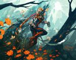  bare_tree body_armor bug butterfly commentary fern flower from_side gauntlets gun handgun helmet high_heels leg_up looking_at_viewer mechanical_wings mountain orange_flower swevenfox titania_(warframe) tree warframe weapon wings 