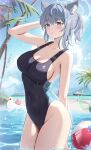  1girl absurdres animal_ear_fluff animal_ears ball bare_arms bare_legs bare_shoulders beachball black_one-piece_swimsuit blue_archive blue_eyes blush bocchi_the_rock! breasts cleavage competition_swimsuit cowboy_shot cross_hair_ornament crossover day extra_ears gotoh_hitori gotoh_hitori_(octopus) grey_hair groin hair_ornament halo highres medium_breasts medium_hair mismatched_pupils ocean official_alternate_costume one-piece_swimsuit open_mouth outdoors pharmarr shiroko_(blue_archive) shiroko_(swimsuit)_(blue_archive) sideboob solo swimsuit water wolf_ears 