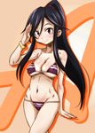  a_channel bikini black_hair bracelet breasts cleavage hirokawa_kouichirou jewelry long_hair lowleg lowleg_bikini medium_breasts navel nishi_yuuko ponytail red_eyes salute sideboob skindentation solo swimsuit underboob 