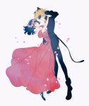  1girl adrien_agreste animal_ears bell black_bodysuit black_hair black_mask blonde_hair bodysuit cat_boy cat_ears chat_noir closed_mouth dancing dress falling_petals flower green_eyes hair_flower hair_ornament highres ikutan0222 jingle_bell looking_at_viewer marinette_dupain-cheng mask miraculous_ladybug petals pink_dress simple_background smile superhero_costume white_background 