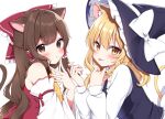  2girls :&lt; :p animal_ear_fluff animal_ears ascot bare_shoulders black_hat black_vest blonde_hair blush bow braid brown_eyes brown_hair brown_tail cat_ears cat_tail closed_mouth detached_sleeves eyes_visible_through_hair frilled_bow frilled_hair_tubes frilled_hat frills hair_bow hair_tubes hakurei_reimu hand_in_another&#039;s_hair hand_in_own_hair hand_on_own_face hand_up hands_up hat hat_bow highres kemonomimi_mode kirisame_marisa long_hair long_sleeves looking_at_viewer multiple_girls red_bow red_shirt shinonome_asu shirt side_braid sidelocks simple_background single_braid sleeve_garter sleeveless sleeveless_shirt sweater tail tail_raised tongue tongue_out touhou turtleneck turtleneck_sweater upper_body vest white_background white_bow white_sleeves white_sweater wide_sleeves witch_hat yellow_ascot yellow_eyes yellow_tail 