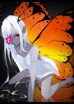  1girl absurdres animal_print antlers bare_arms bare_shoulders barefoot bug butterfly butterfly_print colored_skin deer_antlers dress fairy flower food fruit goma_irasuto grey_skin highres horns long_hair looking_at_viewer orange_(fruit) orange_theme original white_theme wings 