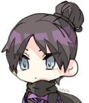  1girl animification apex_legends black_bodysuit black_scarf blue_eyes bodysuit character_name chibi hair_behind_ear hair_bun parted_bangs portrait roki._(user_vkdn7485) scarf simple_background single_hair_bun v-shaped_eyebrows white_background wraith_(apex_legends) 