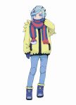  1boy absurdres arm_at_side blue_footwear blue_mittens blue_pants blue_scarf blush boots commentary_request full_body grusha_(pokemon) hand_up highres jacket koto-sensei long_sleeves looking_at_viewer male_focus mittens pants poke_ball_print pokemon pokemon_sv scarf simple_background standing striped_clothes striped_scarf white_background yellow_jacket 