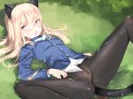  1girl animal_ears blonde_hair blunt_bangs blush breasts cat_ears cat_tail commentary_request glasses grass green_eyes looking_at_viewer lying open_mouth pantyhose perrine_h._clostermann shimada_fumikane small_breasts solo spread_legs strike_witches sweat tail uniform world_witches_series 