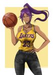  1girl absurdres basketball basketball_jersey bleach breasts collarbone commission dark-skinned_female dark_skin denim english_commentary hand_on_own_hip highres jeans large_breasts long_hair looking_at_viewer los_angeles_lakers pants parted_lips ponytail purple_hair rakusakugk shihouin_yoruichi shirt_tucked_in simple_background smile solo two-tone_background white_background yellow_background yellow_eyes 