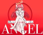  1girl alternate_costume alternate_hair_length alternate_hairstyle crossed_legs cult_of_yuri english_text gloves hair_ribbon halo hand_on_own_chin hand_on_own_face high_heels highres kaname_madoka long_hair looking_at_viewer mahou_shoujo_madoka_magica mahou_shoujo_madoka_magica_(anime) official_alternate_hair_length official_alternate_hairstyle pink_eyes pink_hair red_background ribbon short_twintails simple_background sitting twintails ultimate_madoka white_gloves white_ribbon yellow_halo 