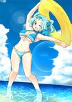  ;d alternate_hairstyle armpits arms_up bad_id bad_pixiv_id barefoot bikini blue_eyes blue_hair breasts cleavage cloud day front-tie_top groin happy innertube kumoi_ichirin large_breasts lens_flare long_hair naka_akira navel o-ring o-ring_bottom one_eye_closed open_mouth shallow_water sky smile solo strap_gap swimsuit touhou twintails underboob wading water wet 