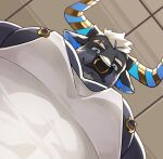  1boy animal_ears bara beard cow_ears cow_horns facial_hair foreshortening from_below full_beard furry furry_male grey_fur highres horns large_pectorals looking_at_viewer looking_down male_focus meme minotaur multicolored_horns muscular muscular_male nipple_piercing nipple_rings nipple_slip nipples nose_piercing nose_ring original pectoral_cleavage pectoral_focus pectorals photo-referenced piercing short_hair sidepec solo tank_top thick_eyebrows two-tone_horns upper_body white_tank_top yur_oc_like_this_(meme) zoyu_(wuedti) 