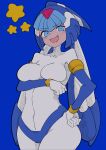  1girl absurdres android arm_under_breasts blue_eyes blush breasts buzzlyears covered_collarbone covered_navel fairy_leviathan_(mega_man) forehead_jewel full-face_blush hand_on_own_hip heavy_breathing helmet highres large_breasts looking_at_viewer mega_man_(series) mega_man_zero_(series) smile smug solo tearing_up 