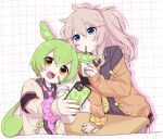  2girls :3 arm_support armband black_armband black_shirt blue_eyes blue_nails blush brown_cardigan brown_hair cardigan cellphone collared_shirt commentary_request cosplay cropped_legs desk drink drinking drinking_straw drinking_straw_in_mouth drop_shadow green_hair green_nails gyaru hand_on_table holding holding_drink holding_phone jewelry kasukabe_tsumugi kasukabe_tsumugi_(cosplay) kawasaki_(5s5_g) long_hair long_sleeves looking_at_phone looking_at_viewer low_ponytail magatama magatama_necklace matching_outfits messy_hair milkshake mole mole_under_eye multiple_girls necklace necktie off_shoulder one_side_up open_cardigan open_clothes open_mouth phone pink_necktie school_desk scrunchie shirt smartphone smile voicevox white_cardigan wrist_scrunchie yellow_eyes yellow_necktie zundamon 