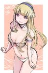  1girl artist_name bikini blonde_hair blue_hairband breasts cleavage cowboy_shot dated double_bun fletcher_(kancolle) hair_bun hairband highres kantai_collection large_breasts long_hair n-mori navel official_alternate_costume one-hour_drawing_challenge pink_background purple_eyes smile solo swimsuit two-tone_background white_bikini 