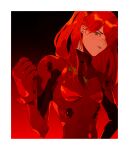 1girl bodysuit border brown_eyes gradient_background hairpods long_hair looking_at_viewer naruysae neon_genesis_evangelion parted_lips plugsuit red_hair red_theme solo souryuu_asuka_langley upper_body white_border 