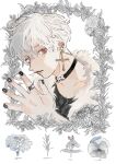  1boy absurdres black_choker black_nails choker coat cross cross_earrings earrings flower from_side fur-trimmed_coat fur_trim highres jewelry leaf looking_to_the_side male_focus original own_hands_together plant red_eyes somaz white_hair 