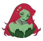  1girl batman_(series) blush breasts closed_mouth colored_skin dc_comics flower green_eyes green_flower green_lips green_shirt green_skin hair_flower hair_ornament highres long_hair looking_at_viewer medium_breasts poison_ivy porqueloin red_hair shirt simple_background solo straight_hair upper_body white_background 