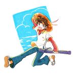  1boy :d arm_up blush brown_hair cloud day denim full_body hat jeans long_sleeves looking_at_viewer male_focus mihira_sanpei oh3ru pants red_shirt running sandals shirt short_hair smile solo straw_hat sun_hat tsurikichi_sanpei white_shirt 