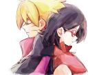  1boy 1girl back-to-back black_hair black_jacket blonde_hair boruto:_naruto_next_generations closed_eyes closed_mouth commentary_request dated facial_mark from_side glasses highres jacket naruto_(series) pointy_hair profile red-framed_eyewear red_jacket short_hair simple_background sleeping sleeveless tama-chan_(momomomijisakura) uchiha_sarada uzumaki_boruto white_background 