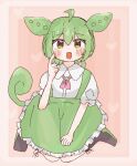  1girl ahoge animal_ears apron black_footwear blush border collared_shirt frilled_apron frills futon_(o00_ux) green_apron green_hair green_suspenders hair_between_eyes hand_on_lap heart highres index_finger_raised long_hair low_ponytail open_mouth pink_background puffy_short_sleeves puffy_sleeves shirt short_sleeves sitting smile solo suspenders voicevox wariza white_border white_shirt yellow_eyes zundamon 