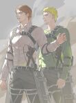  2boys blonde_hair brown_hair cute_potato_(cute_potato_ner) dust feet_out_of_frame from_side highres jean_kirstein looking_ahead male_focus multiple_boys profile protecting reiner_braun serious shingeki_no_kyojin shirt short_hair sparse_stubble standing thick_eyebrows three-dimensional_maneuver_gear 