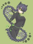  1girl animal_ears black_bodysuit black_cat black_hair bodysuit braid cat cat_ears cat_girl earrings green_background green_eyes highres jewelry lady_noir long_hair marinette_dupain-cheng mask miraculous_ladybug one_eye_closed single_braid slit_pupils solo superhero_costume umtk_mrmr 