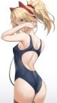  1girl absurdres animal_ear_headphones animal_ears ass back bare_shoulders blonde_hair blue_one-piece_swimsuit braid breasts cat_ear_headphones commentary_request fake_animal_ears fate/apocrypha fate_(series) french_braid green_eyes hair_ornament hair_scrunchie headphones highres long_hair looking_at_viewer looking_back mordred_(fate) mordred_(fate/apocrypha) one-piece_swimsuit parted_bangs ponytail scrunchie sidelocks small_breasts solo swimsuit tonee 