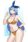  1girl :d aori_sora bae_minah_(chaesu) bikini blue_hair blue_hairband borrowed_character bright_pupils cowboy_shot english_commentary hairband hand_on_own_hip hand_up highres long_hair looking_at_viewer navel open_mouth orange_bikini original purple_eyes smile solo standing stomach swimsuit thighs very_long_hair white_pupils 