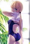 absurdres ahoge artoria_pendragon_(all) ass back blonde_hair competition_swimsuit fate/zero fate_(series) green_eyes highres light_smile long_hair looking_back newtype official_art one-piece_swimsuit ponytail saber scan solo swimsuit takeuchi_takashi towel wet 