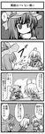  2girls 4koma @_@ ahoge anger_vein book braid closed_eyes comic crescent cup directional_arrow fake_facial_hair fake_mustache glasses greyscale hair_ribbon hat izayoi_sakuya laughing long_hair maid maid_headdress monochrome morichika_rinnosuke multiple_girls patchouli_knowledge ribbon shigure_yuu_(es-lab) short_hair spit spit_take spitting sweatdrop table tea teacup tears touhou translated trembling twin_braids 