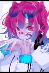  1girl absurdres bandaid bandaid_on_face eyewear_on_head goma_irasuto highres jewelry long_hair looking_at_viewer original pink_eyes pink_hair pink_theme purple_nails red_eyes signature solo sticker sticker_on_face sunglasses 