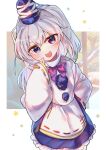  1girl :3 :d blue_skirt blush bow bowtie commentary_request grey_eyes grey_hair hat head_tilt highres itsumizu japanese_clothes kariginu long_sleeves looking_at_viewer mononobe_no_futo open_mouth pom_pom_(clothes) purple_bow purple_bowtie ribbon-trimmed_sleeves ribbon_trim skirt smile solo tate_eboshi touhou 
