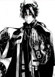  1boy arknights black_gloves black_hair chinese_clothes chong_yue_(arknights) gloves hands_up highres horns looking_at_viewer male_focus monochrome pointy_ears ponytail red_eyes toriyoshi upper_body 